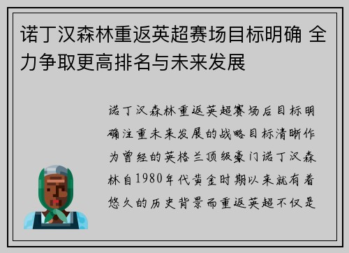 诺丁汉森林重返英超赛场目标明确 全力争取更高排名与未来发展