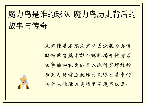 魔力鸟是谁的球队 魔力鸟历史背后的故事与传奇